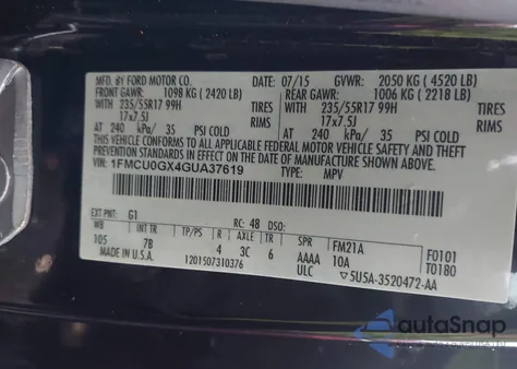 2016 Ford Escape Se from USA, damaged, VIN 1FMCU0GX4GUA37619